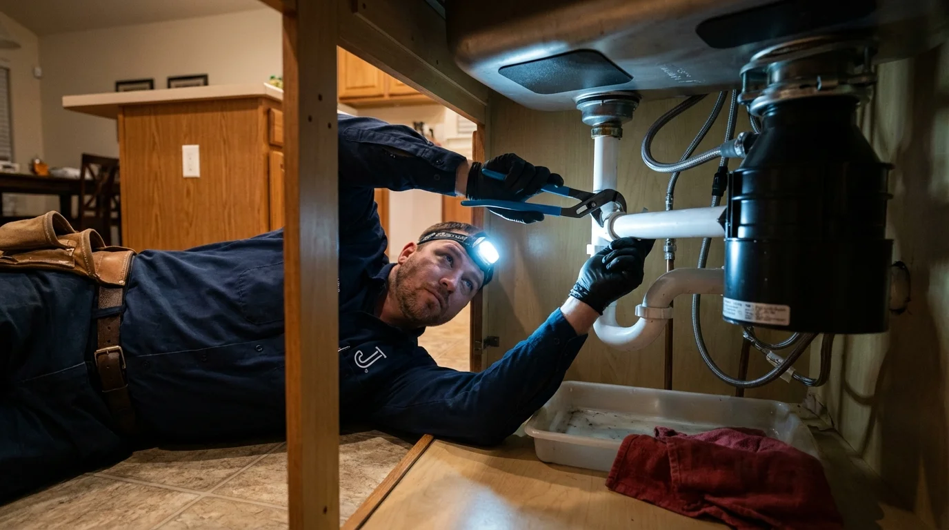 P-trap and supply line connections under a kitchen sink showing a common leak point in Clarkston, WA